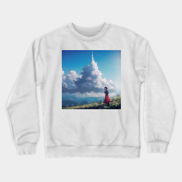 A girl in a red dress standing on a hill and looking at castle shaped clouds Crewneck Sweatshirt by Tazlo